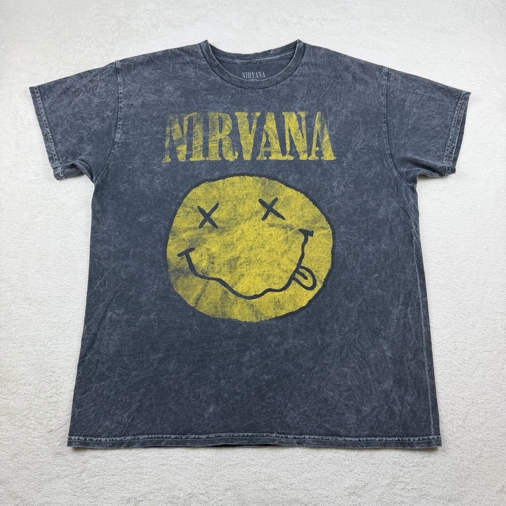 Nirvana Smiley Face Band T-shirt Large Gray Acid Wash Grunge Rock Graphic Tee